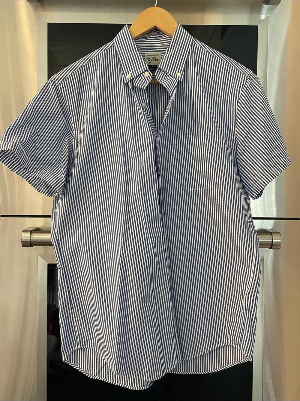 J. Crew Blue and White Vertical Stripe Short-Sleeve Button-Down Shirt